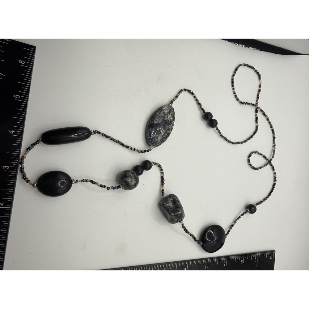 Long Black Grey Beaded Strand Necklace Chunky Marbled Stone Seed Bead Continuous